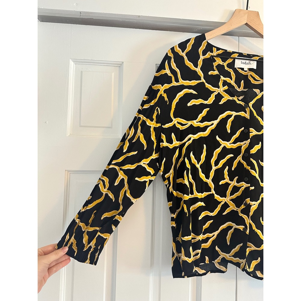 Ba&sh Clea Blouse‎ Noir Black Yellow Abstract Print V-Neck Button Top Size 3 NWT - Picture 3 of 7